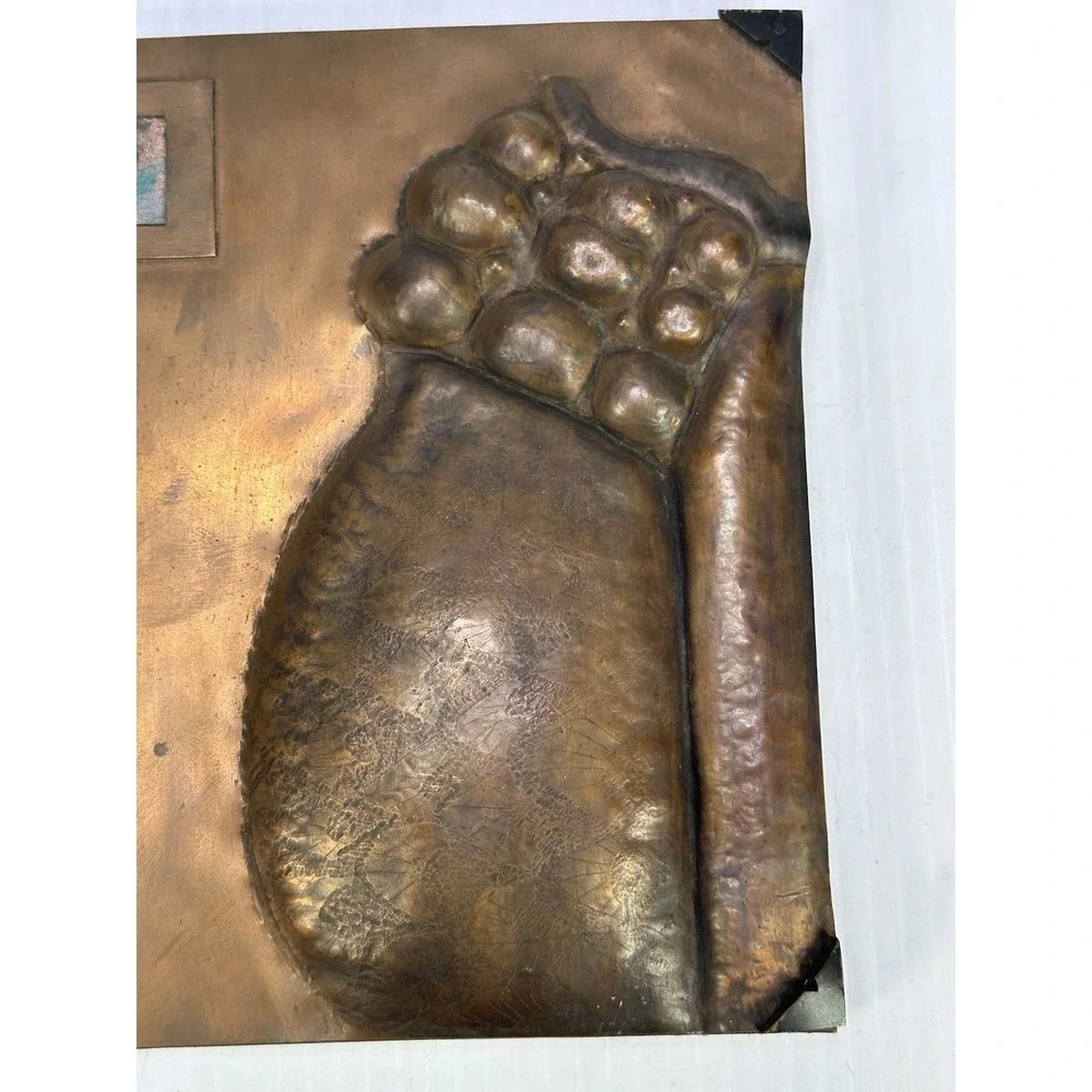 Vintage Hand Hammered Copper Wall Art Embossed Abstract Artwork Wood Base